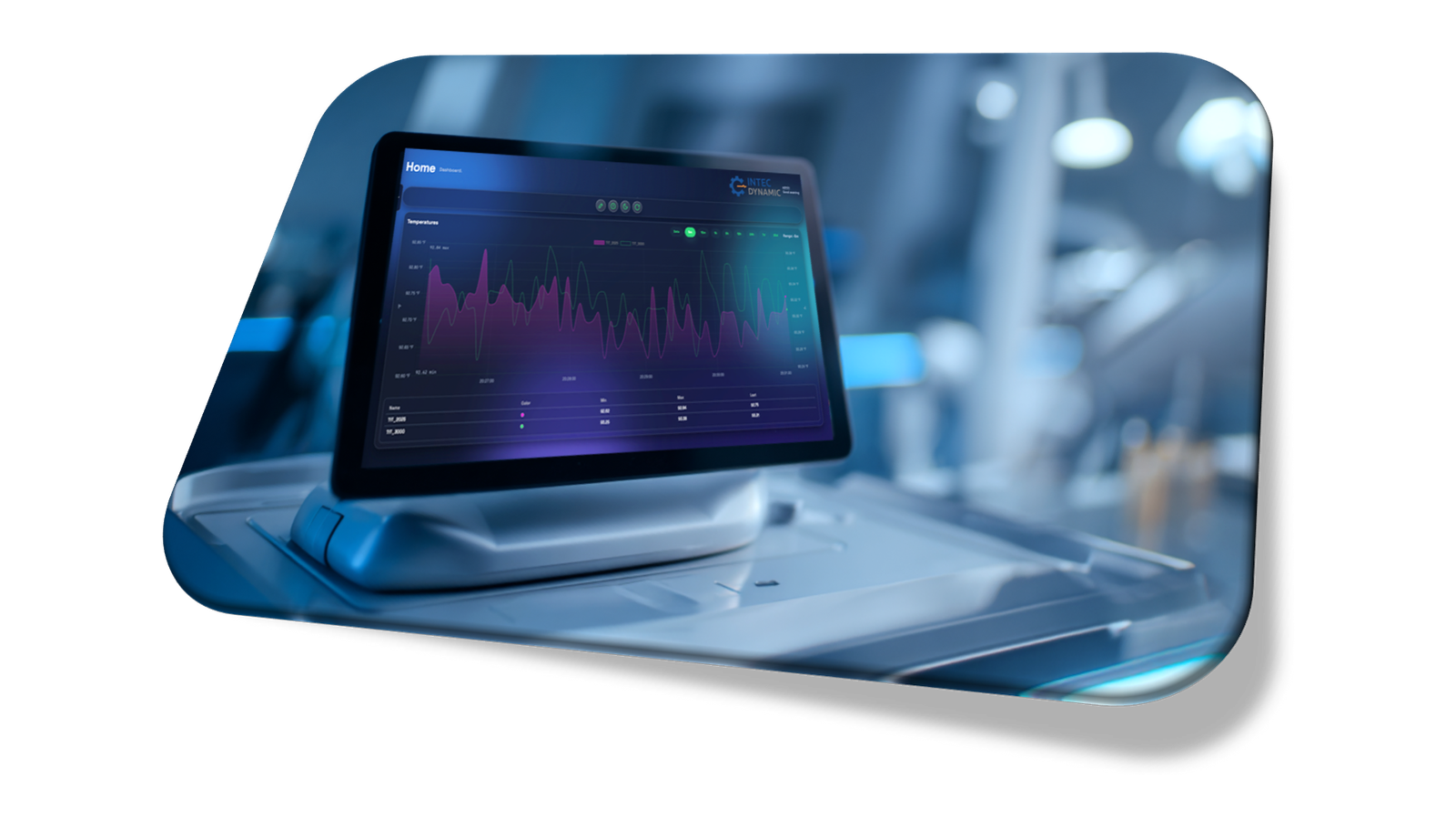 Monitor industrial de Intec Dynamic sobre una base en un entorno futurista
